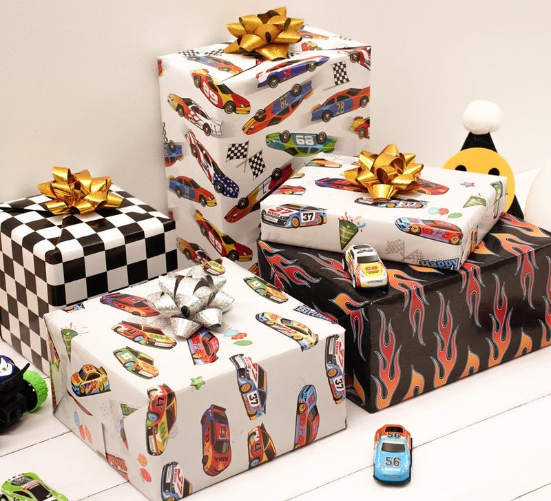 ZINTBIAL Race Car Wrapping Paper for Kids Birthday - Flames  Checkered Flags  Colorful Racing Cars and Happy Birthday Words Designs - 20 x 29 Inches  8 Folded Sheets  Easy to Store - Image 3